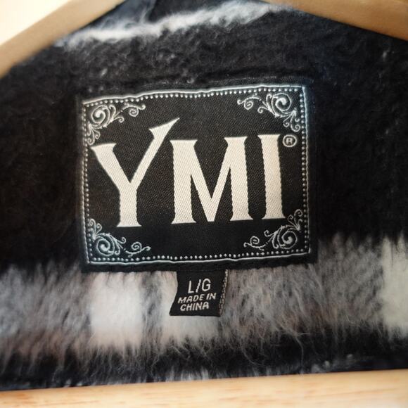 Vintage Y2K YMI Coat Large Black White Plaid 90s Fuzzy Oversized Jacket Wool - Picture 3 of 8